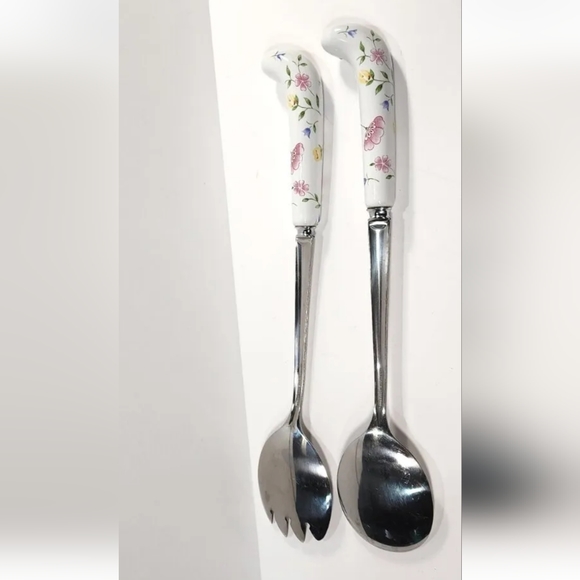 Sheffield England Porcelain Salad Fork Spoon Spork Set Pink Rose Yellow Flower - Picture 5 of 8